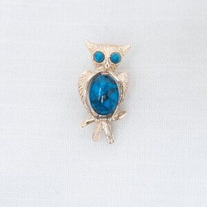 Owl Lapel Pin, Gold-tone and Faux Turquoise, 1.5 Inches Long